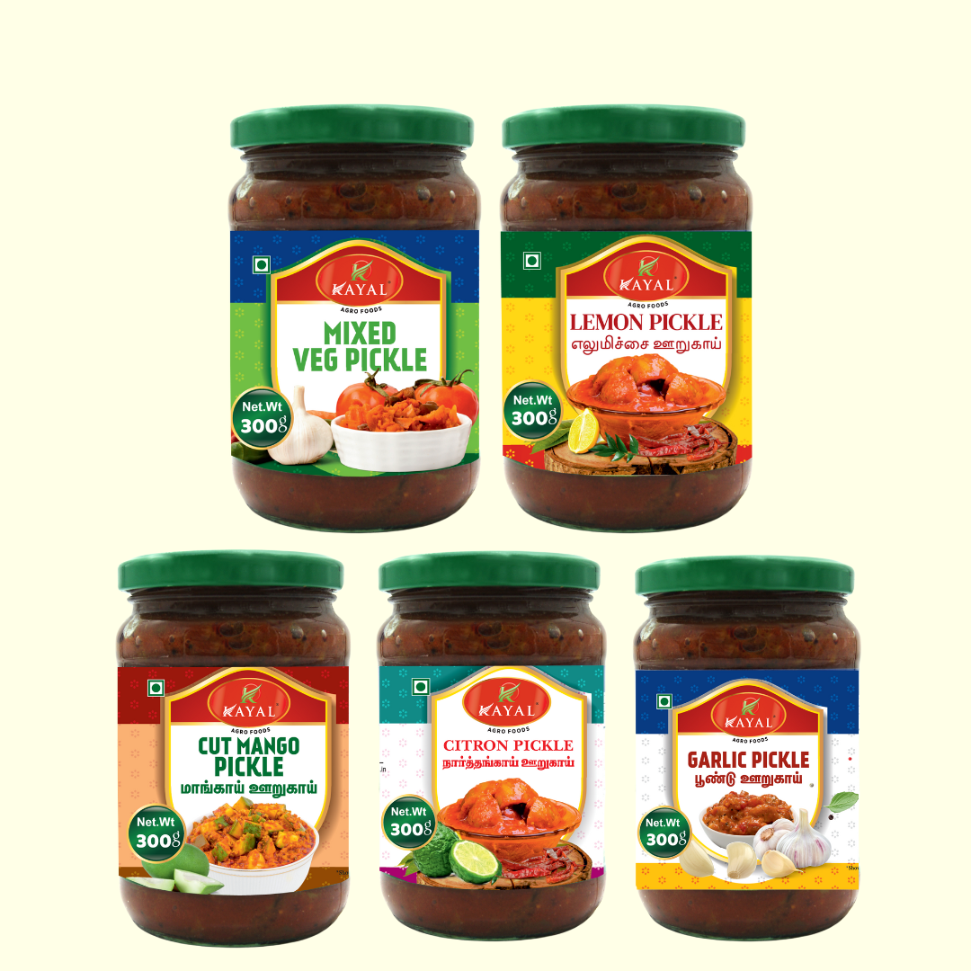Five jars of Kayal pickles with colorful labels on a white background