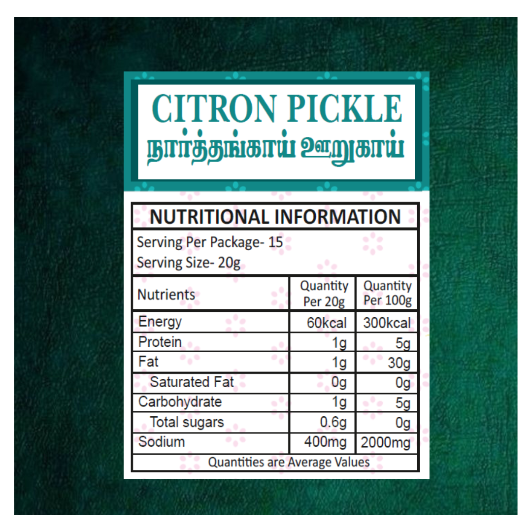 Nutritional information label for kayal citron pickle