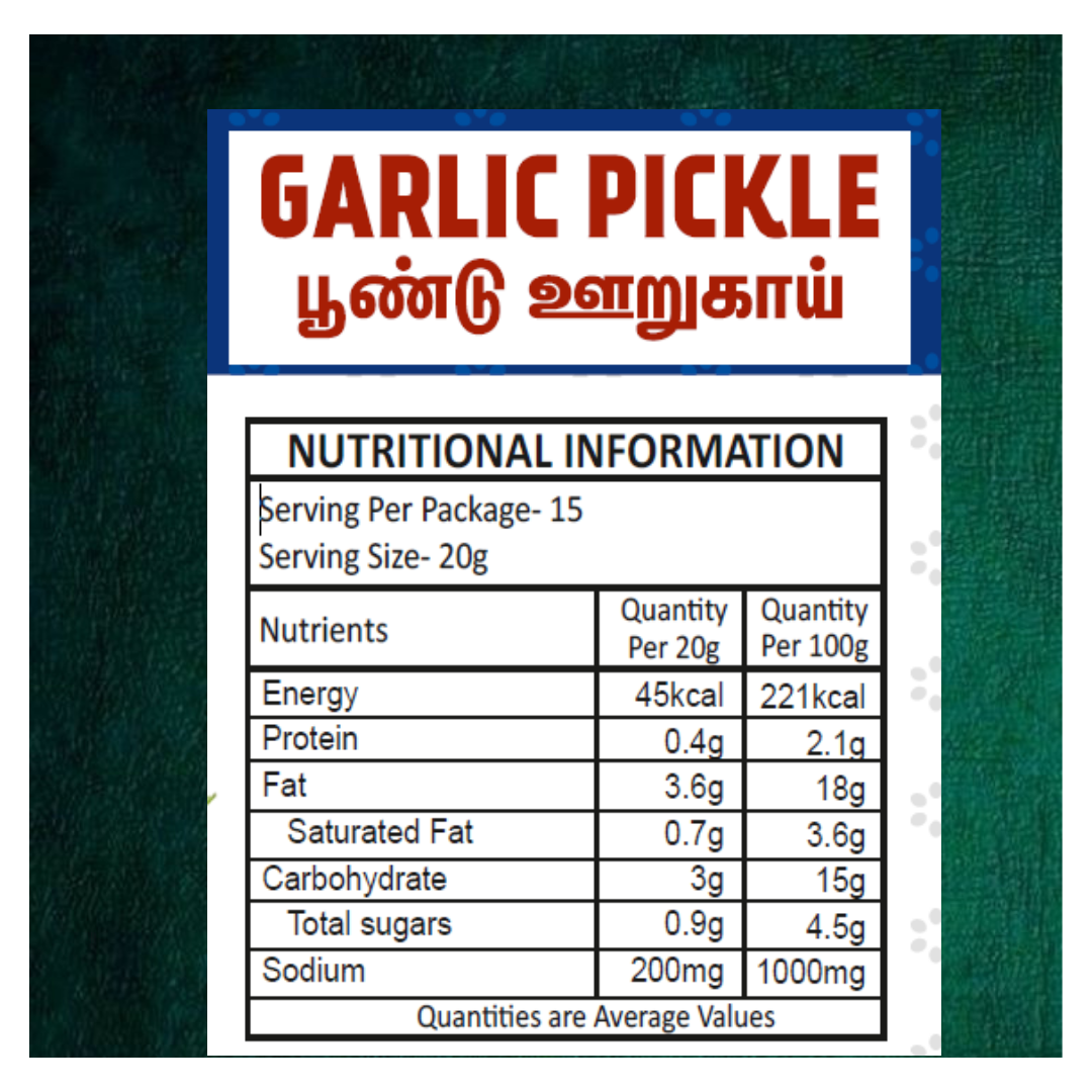 Kayal Garlic pickle label with nutritional information