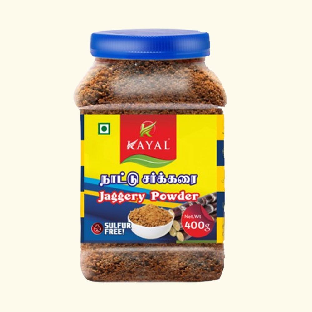 Jar of kayal sulfur free jaggery powder 400g