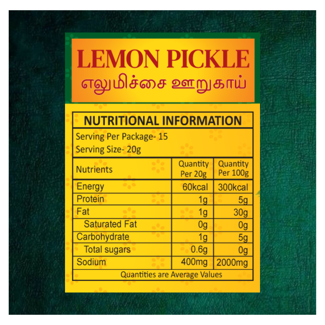 Nutritional information label for Kayal lemon pickle 