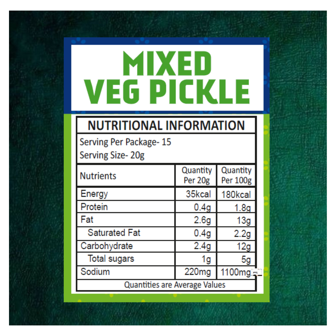 Nutritional information label for mixed veg pickle on a green background