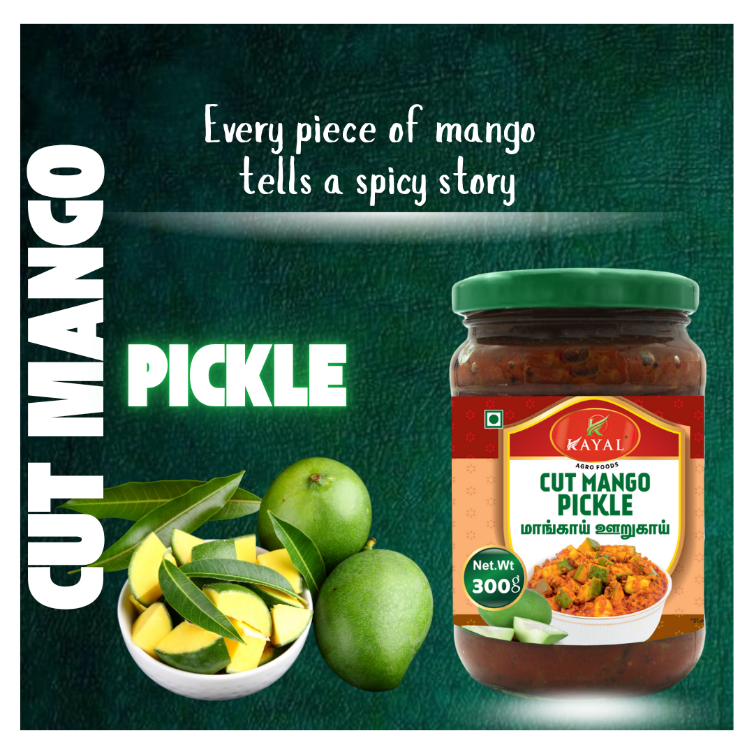 Jar of Kayal Cut Mango Pickle with mangoes